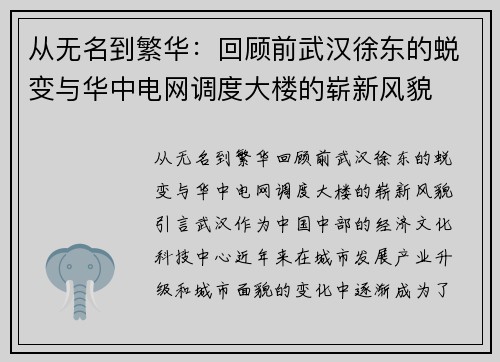 从无名到繁华：回顾前武汉徐东的蜕变与华中电网调度大楼的崭新风貌